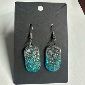 Handmade Teal Glitter Resin Dangle Earrings - Blue Sparkle